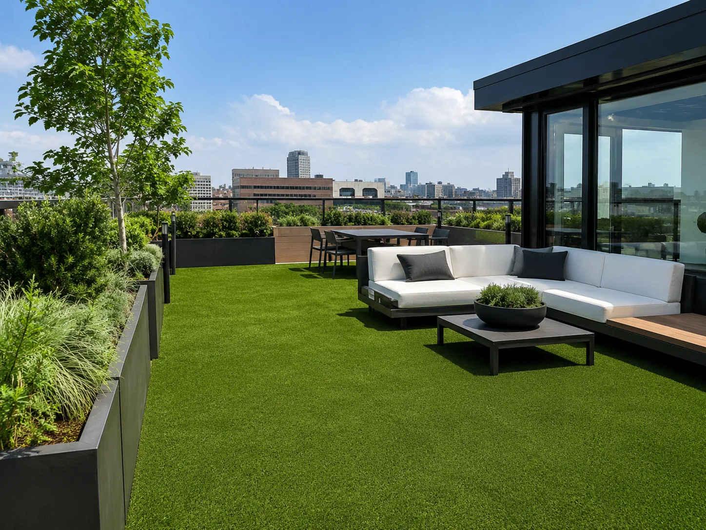 Toit-terrasse am&eacute;nag&eacute; avec gazon synth&eacute;tique